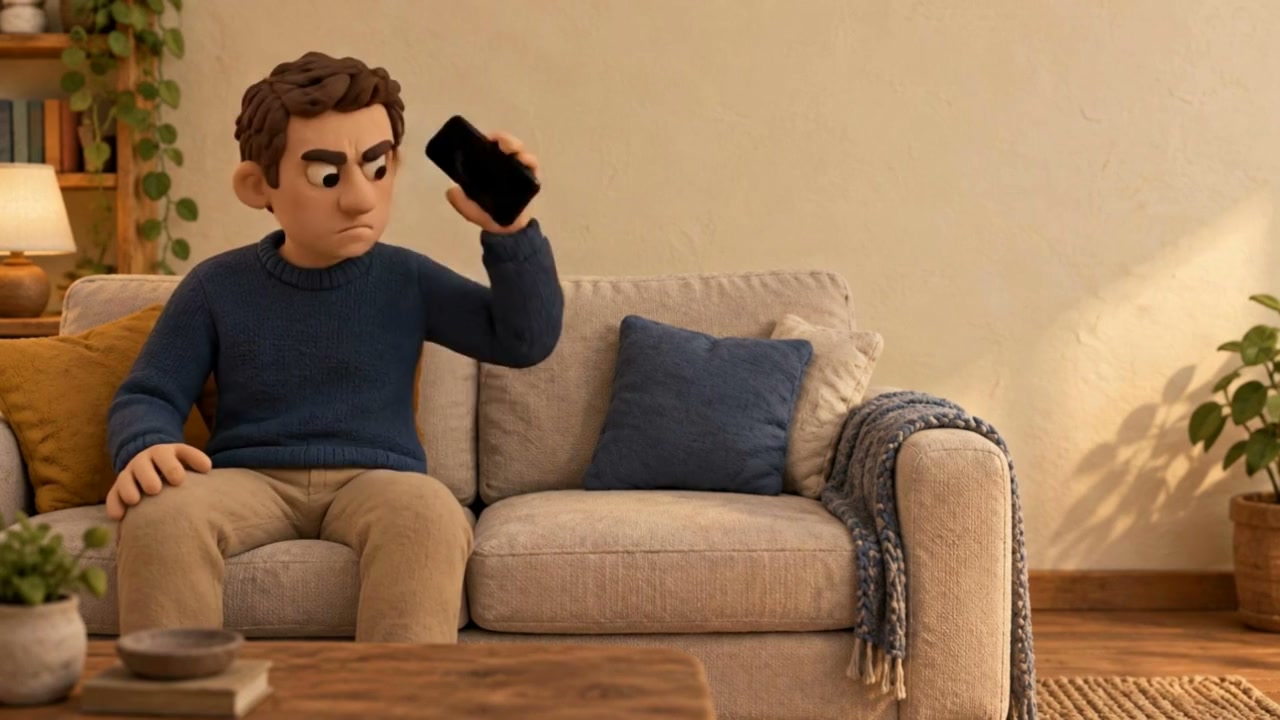 De klant ontspant op de bank. In de film komt zijn hond erbij.