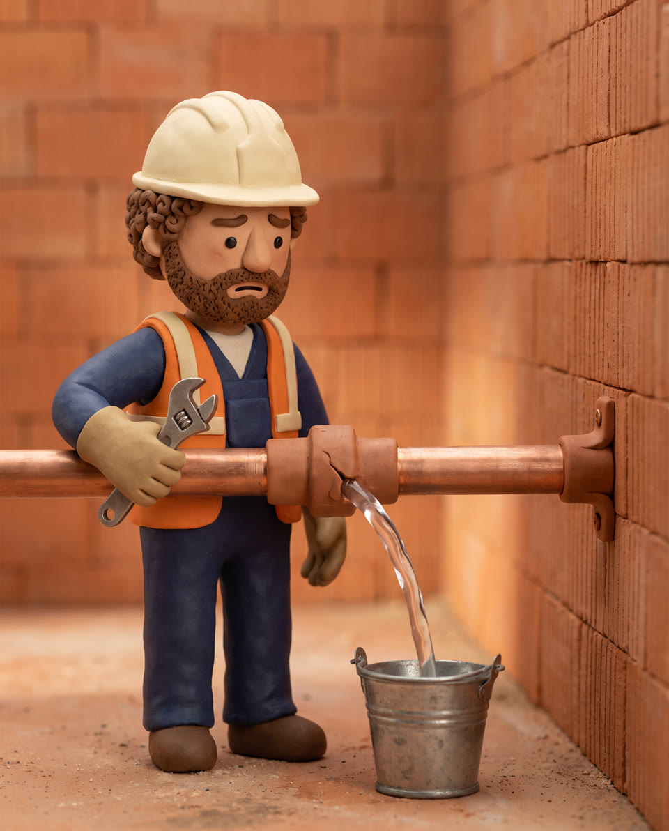 Een installateur ziet water uit een gebarsten leidingkoppeling in een emmer lopen.
