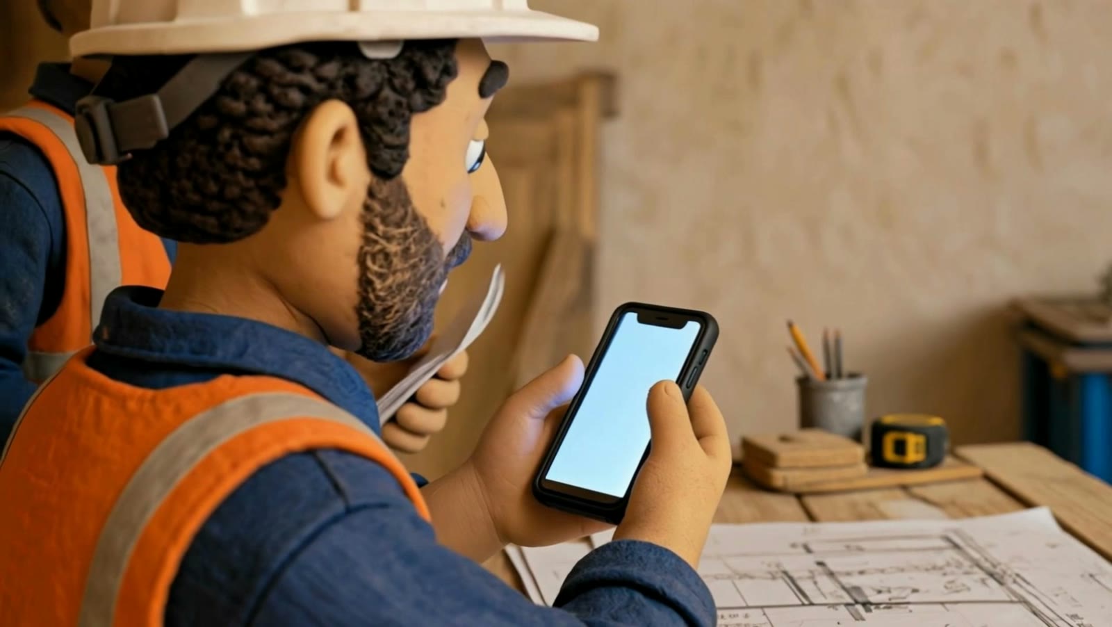 De vakman legt zijn telefoon neer en gaat met zijn collega verder aan de tekening.