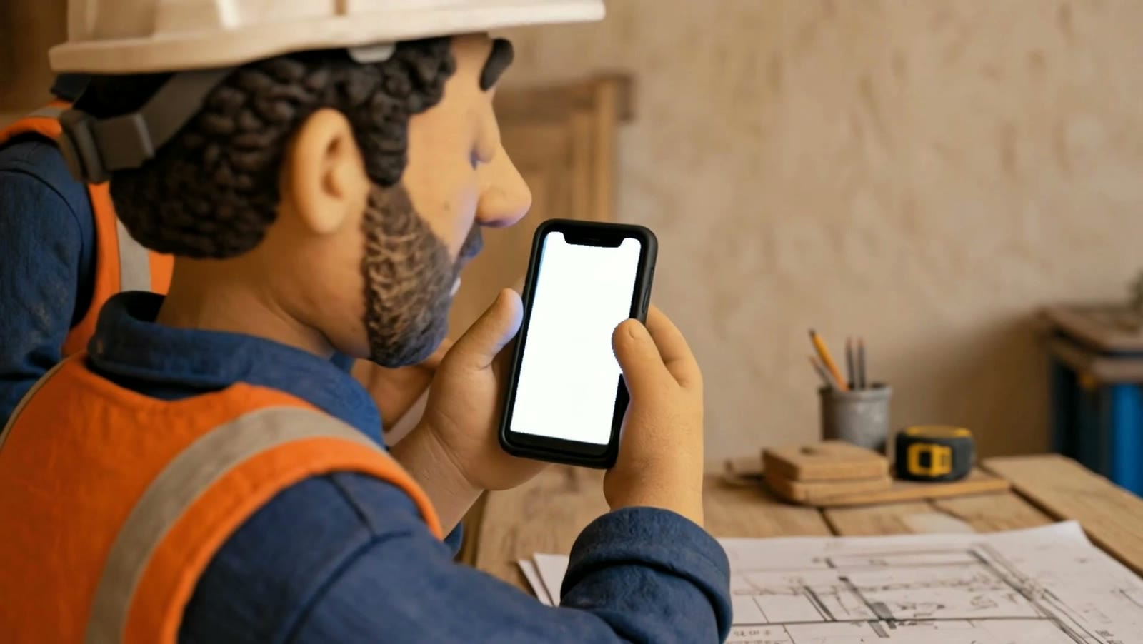 De vakman bekijkt zijn telefoon en stemt rustig af met zijn collega.
