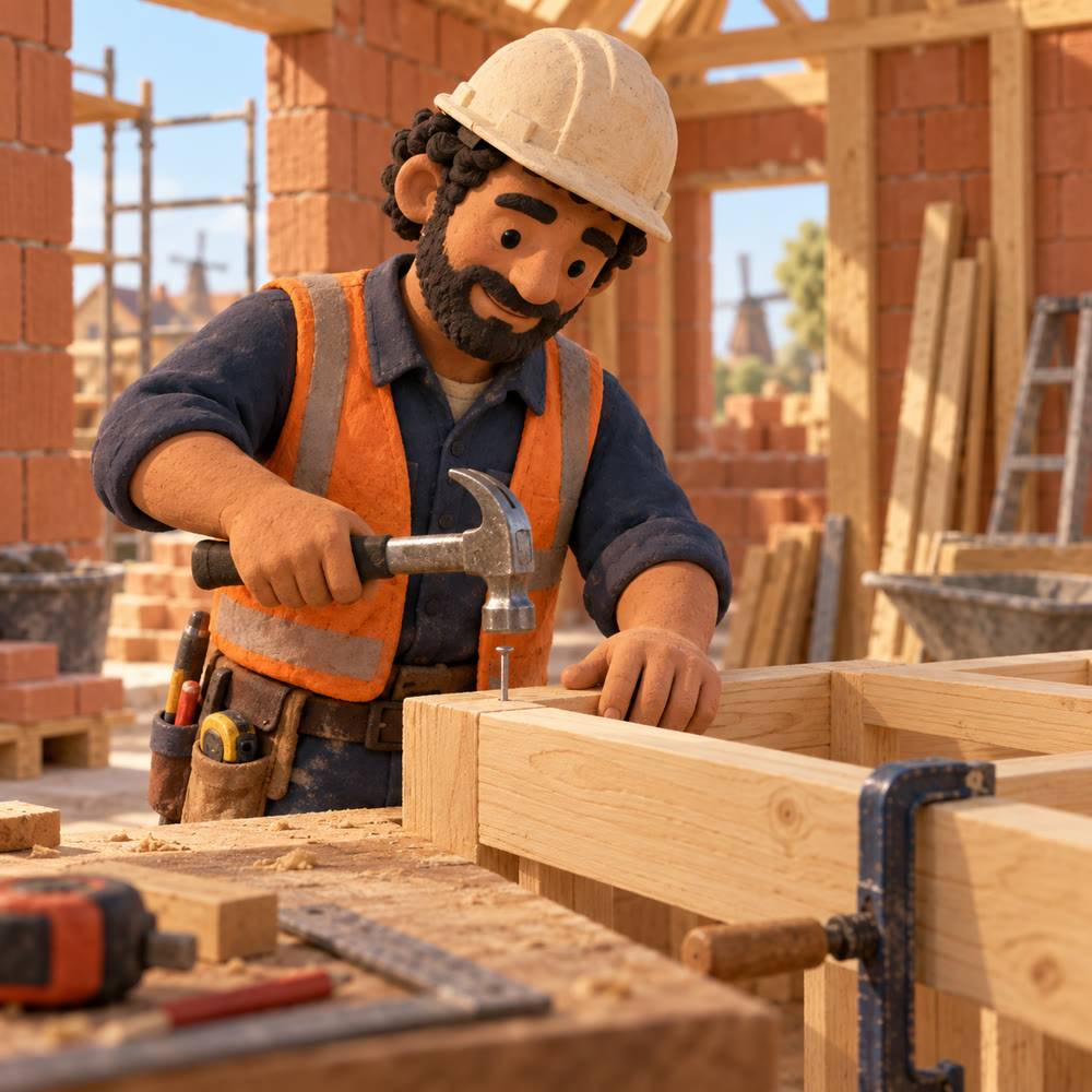 Een timmerman hamert een houten frame op de bouwplaats.