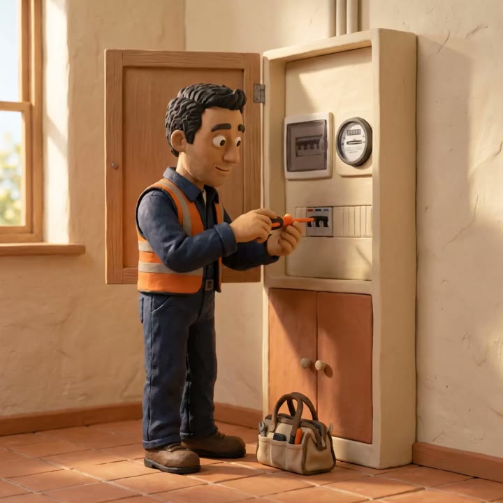 Een installateur aan het werk bij een meterkast.
