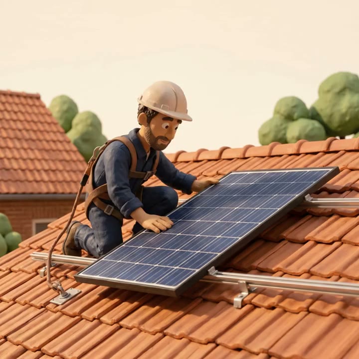 Een monteur werkt aan zonnepanelen op een dak.