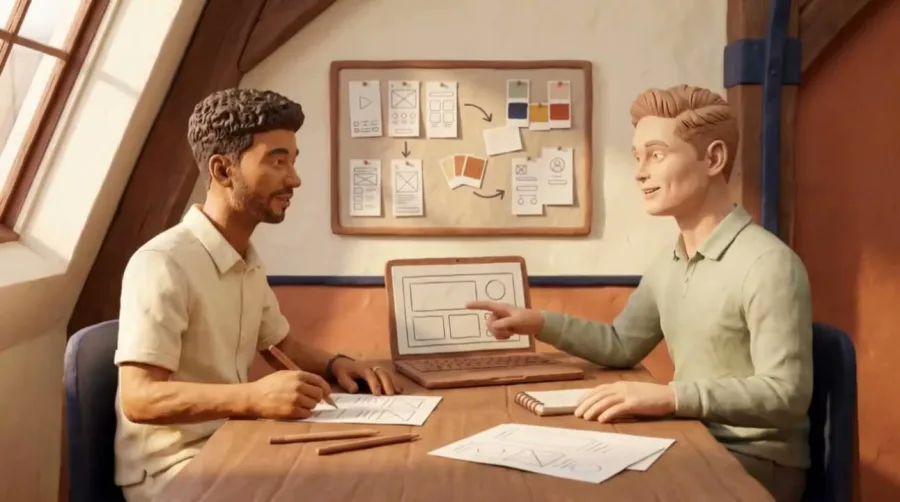 Klei-illustratie van twee mensen die aan tafel een schermontwerp bespreken.