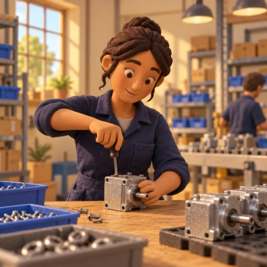 Een maker assembleert een metalen onderdeel in een kleine productiehal.