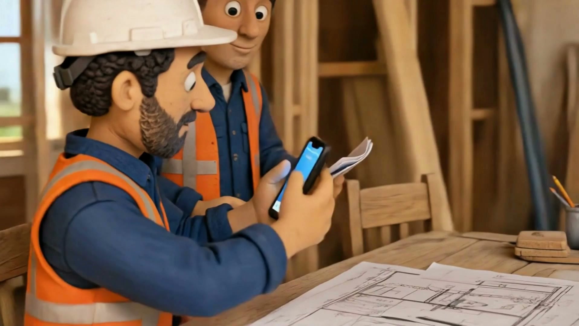 De vakman kijkt zoekend naar zijn telefoon, terwijl de bouwtekening voor hem ligt.